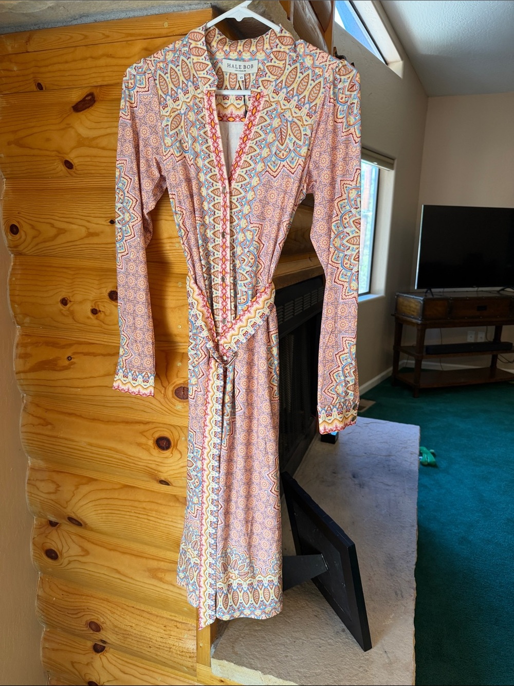 Hale Bob Pink, Yellow & Blue Paisley-Style V-Neck Midi L/S Dress